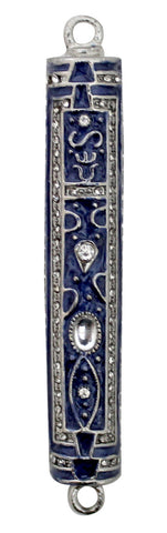 Blue Enamel Judaica Mezuzah Case Stone Inlaid Decorated Jeweled Crystals 7 cm