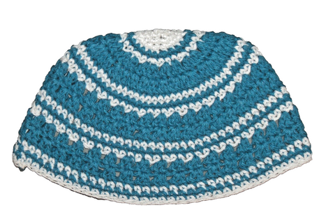 Frik Kippah Skull Cap Cotton Yamaka Crochet Blue White Striped Israel 22 cm
