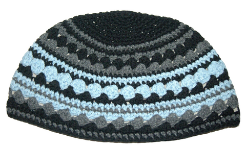 Frik Kippah Skull Cap Yarmulke Crochet Black Gray Aqua Thick Knit Striped 26 cm