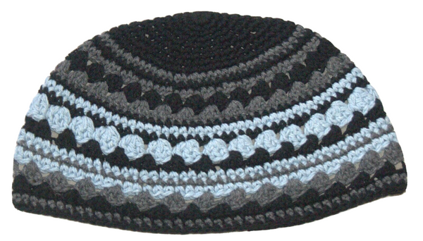 Frik Kippah Skull Cap Yarmulke Crochet Black Gray Aqua Thick Knit Striped 26 cm