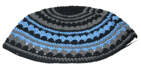 Frik Kippah Skull Cap Yarmulke Crochet Black Gray Blue Thick Knit Striped 26 cm