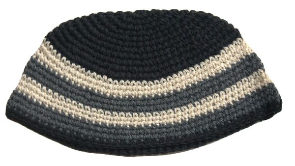 Frik Kippah Yarmulke Crochet Colorful Black Gray Cream Striped Israel 23 cm