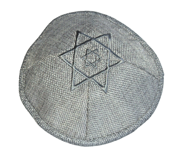 Gray Linen Kippah Silver David Star Embroidery w Pin Spot Judaica 17 cm Israel