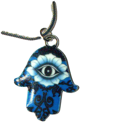 Hamsa Charm Pendant Rhodium Necklace Luck Evil Eye Kabbalah Protection Blue