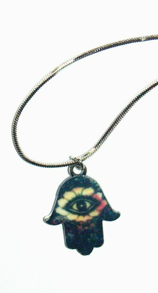 Hamsa Charm Pendant Rhodium Necklace Luck Evil Eye Kabbalah Protection Dark Blue