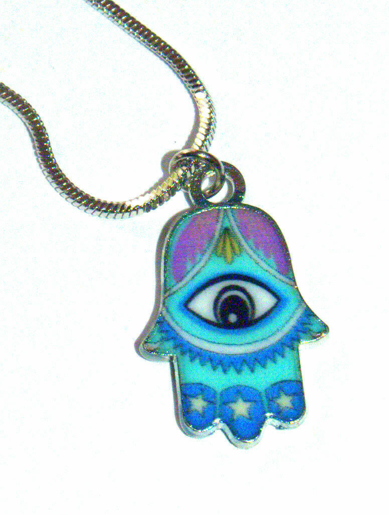 Hamsa Charm Pendant Rhodium Necklace Luck Evil Eye Kabbalah Protection Pastel