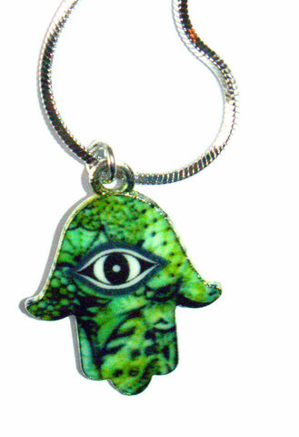 Hamsa Charm Pendant w Necklace Luck Evil Eye Kabbalah Protection Amulet Green