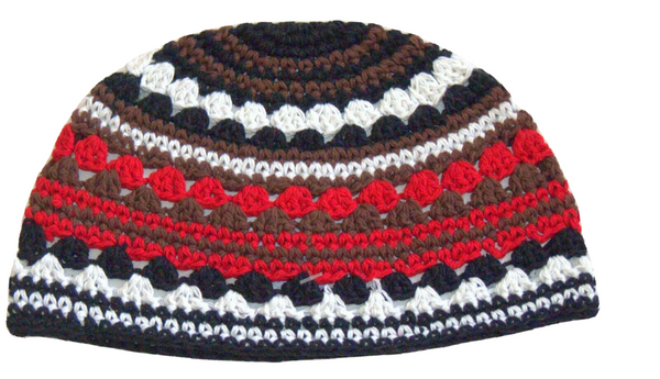 Judaica Frik Kippah Yarmulke Thick Knit Striped Red Brown Cotton Israel 21 cm