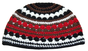 Judaica Frik Kippah Yarmulke Thick Knit Striped Red Brown Cotton Israel 21 cm