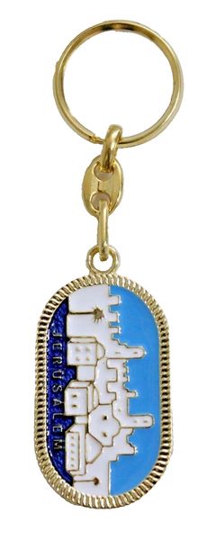 Judaica Jerusalem View Keychain Blue White Gold Metal Enamel Key Ring Holder