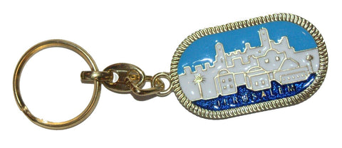 Judaica Jerusalem View Keychain Blue White Gold Metal Enamel Key Ring Holder