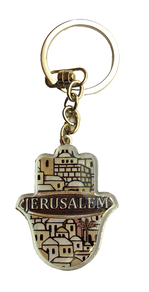 Judaica Keyring Keychain Key Charm Holder Hamsa Metal Epoxy Brown Jerusalem View