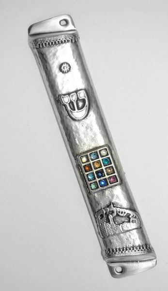 Judaica Mezuzah Case Antique Silver Finish Jerusalem Hoshen Crystals SHIN 12 cm