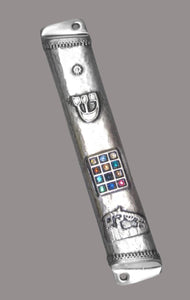 Judaica Mezuzah Case Antique Silver Finish Jerusalem Hoshen Crystals SHIN 12 cm