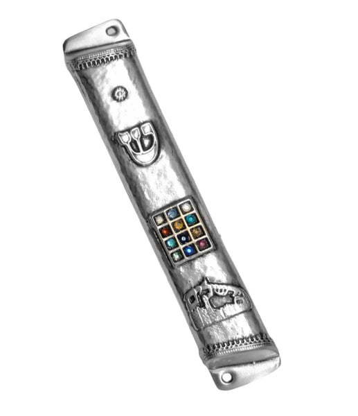 Judaica Mezuzah Case Antique Silver Finish Jerusalem Hoshen Crystals SHIN 12 cm