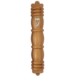 Judaica Mezuzah Case Pale Brown Wood Semi Round With Back Decorative SHIN 12 cm