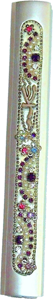 Judaica Mezuzah Case Matte Silver Tone SHADAI Sparkling Stones Crystals 10 cm