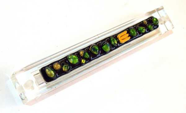 Judaica Mezuzah Case Multicolor Green Black Bubble Glass Panel Golden Shin 10 cm