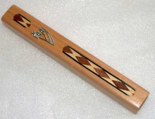 Judaica Mezuzah Case Natural Color Wood Ethnic Design Closed Back 12 cm