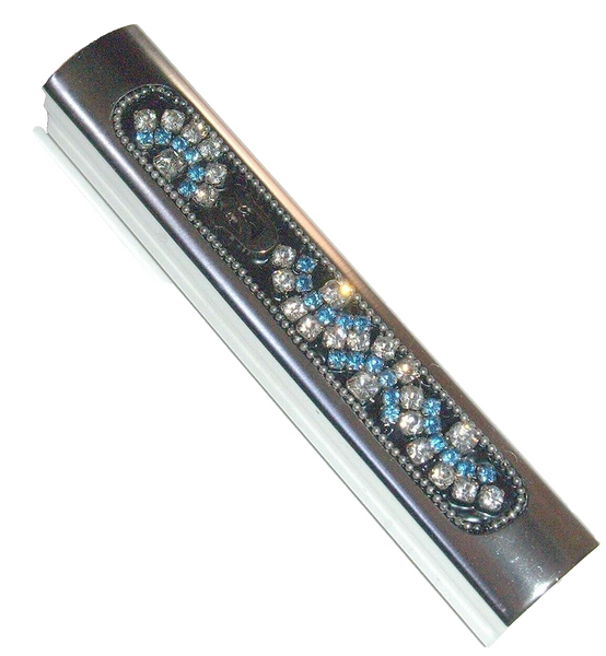 Judaica Mezuzah Case Silver Aluminum Clear Blue Crystals Closed Back SHIN 7 cm