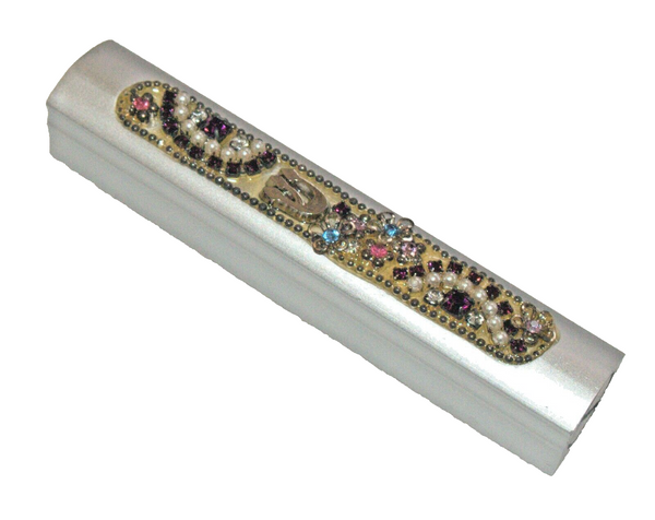 Judaica Mezuzah Case Silver Matte Aluminum Inlaid Crystals Jeweled 7 cm