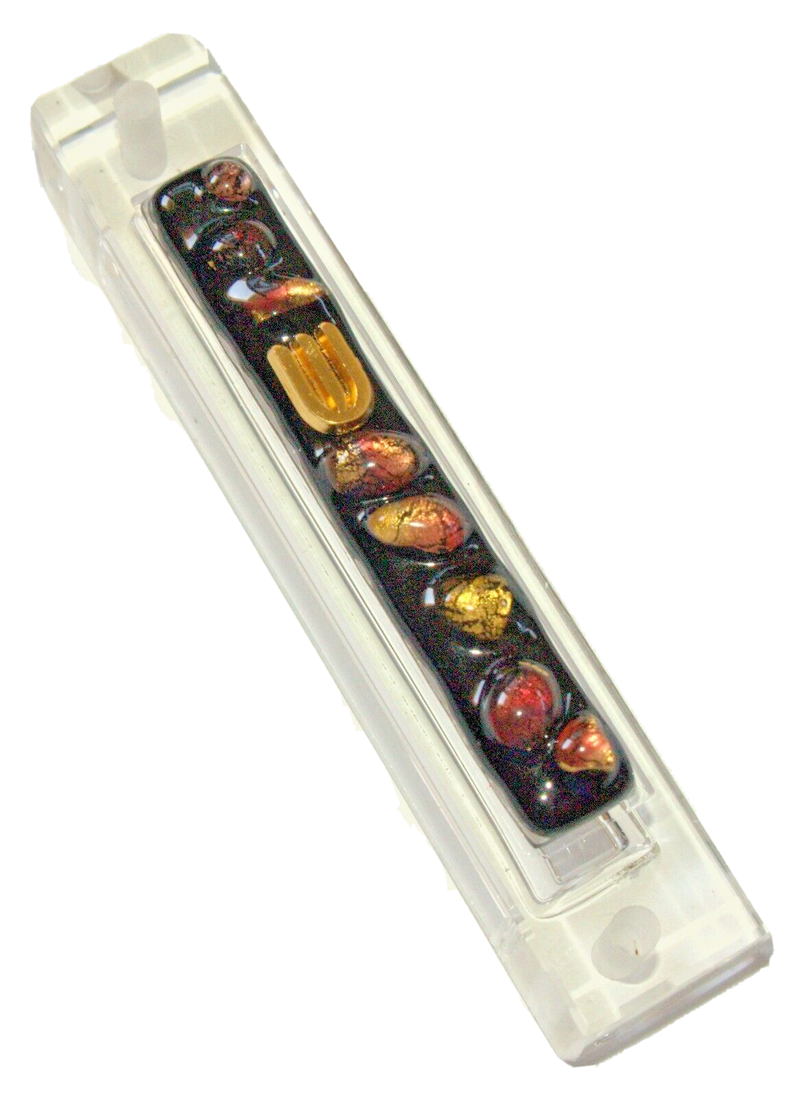 Judaica Mezuzah Case multi Color Glass Bubble Panel Golden Shin 7 cm