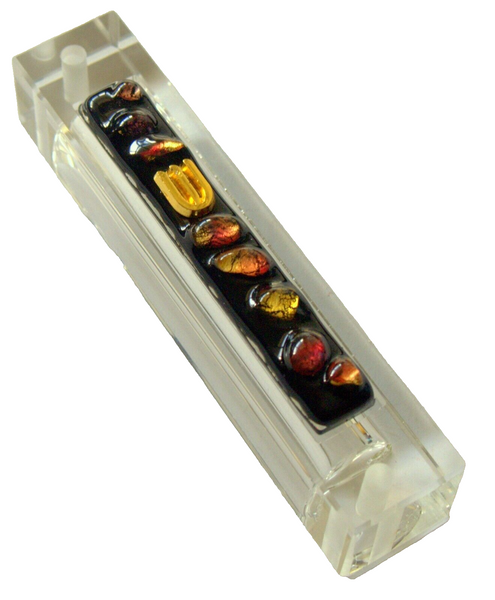 Judaica Mezuzah Case multi Color Glass Bubble Panel Golden Shin 7 cm