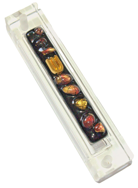 Judaica Mezuzah Case multi Color Glass Bubble Panel Golden Shin 7 cm