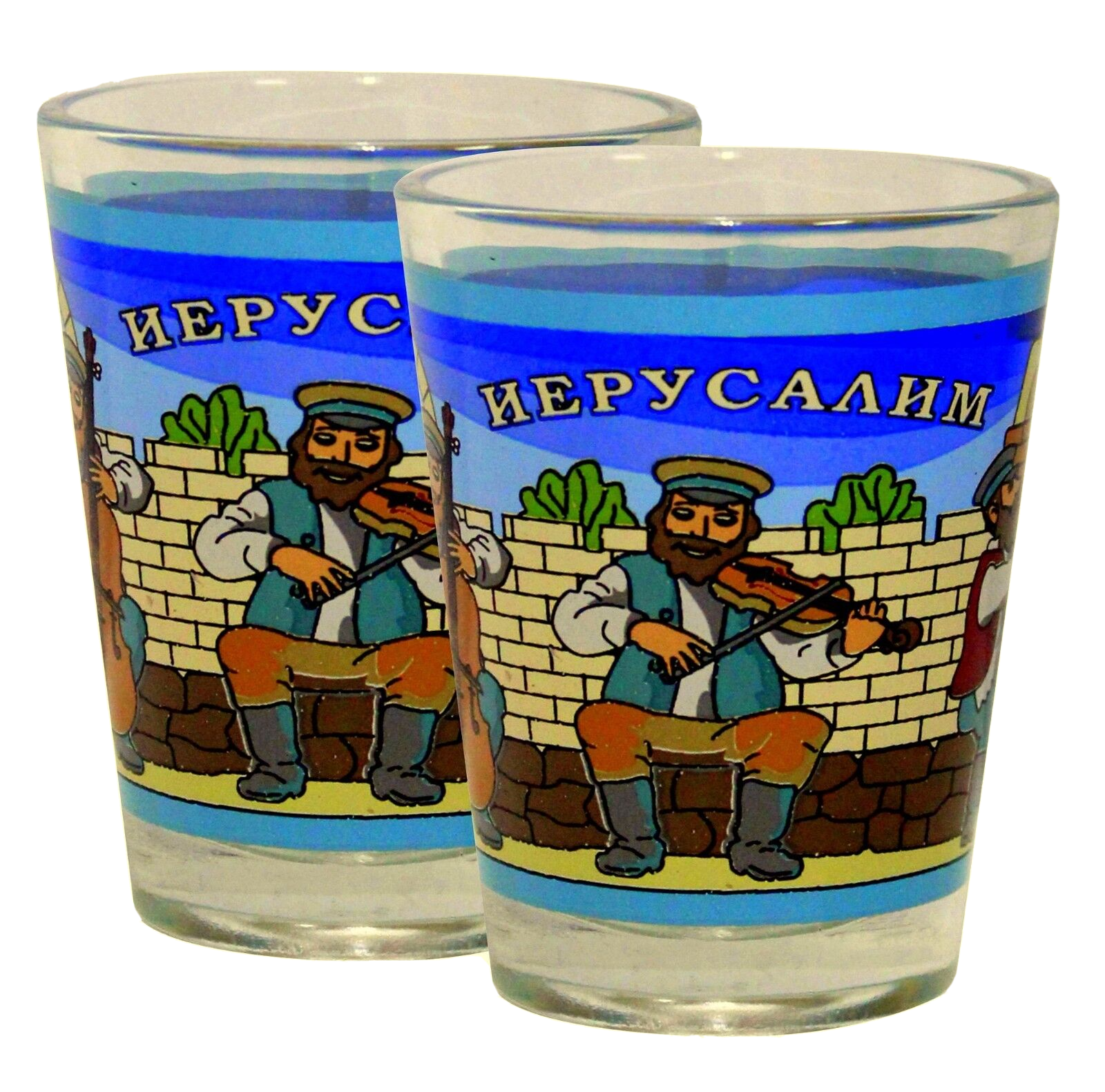 Judaica Pair Of Shot Glasses Klezmer Russian Jerusalem Vodka Liqueur Glass