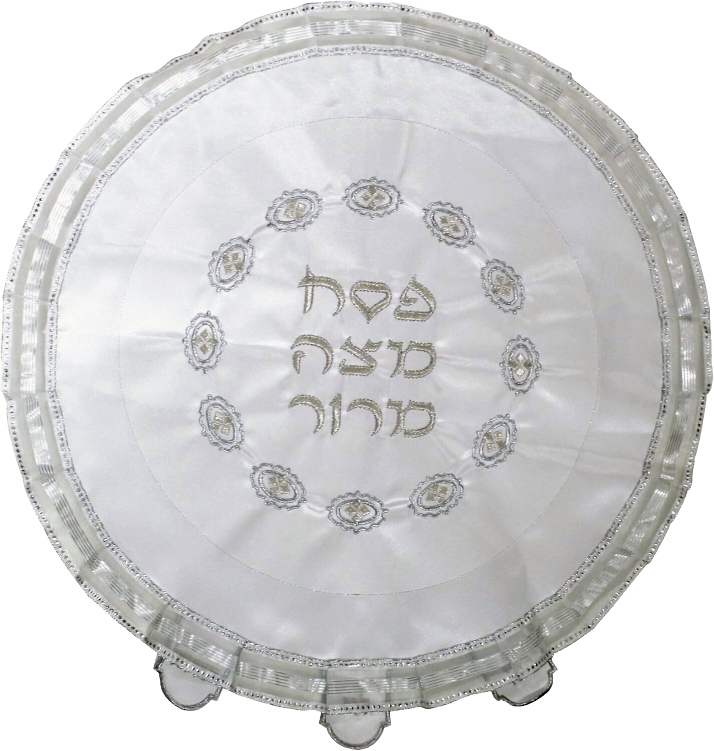 Judaica Passover Seder Plate Matzah Cover White Satin Embroidered Silver Rim 20"