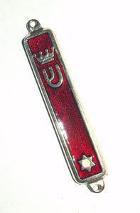 Judaica Red Enamel Mezuzah Case Magen David Crown Decoration 7 cm