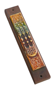 Judaica Vintage Wood Mezuzah Case w Ethnic Ceramic Plaque 9 cm Israel 1970's