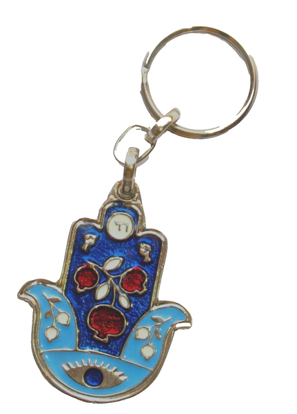 Decorative keychain with blue and red design on a white background