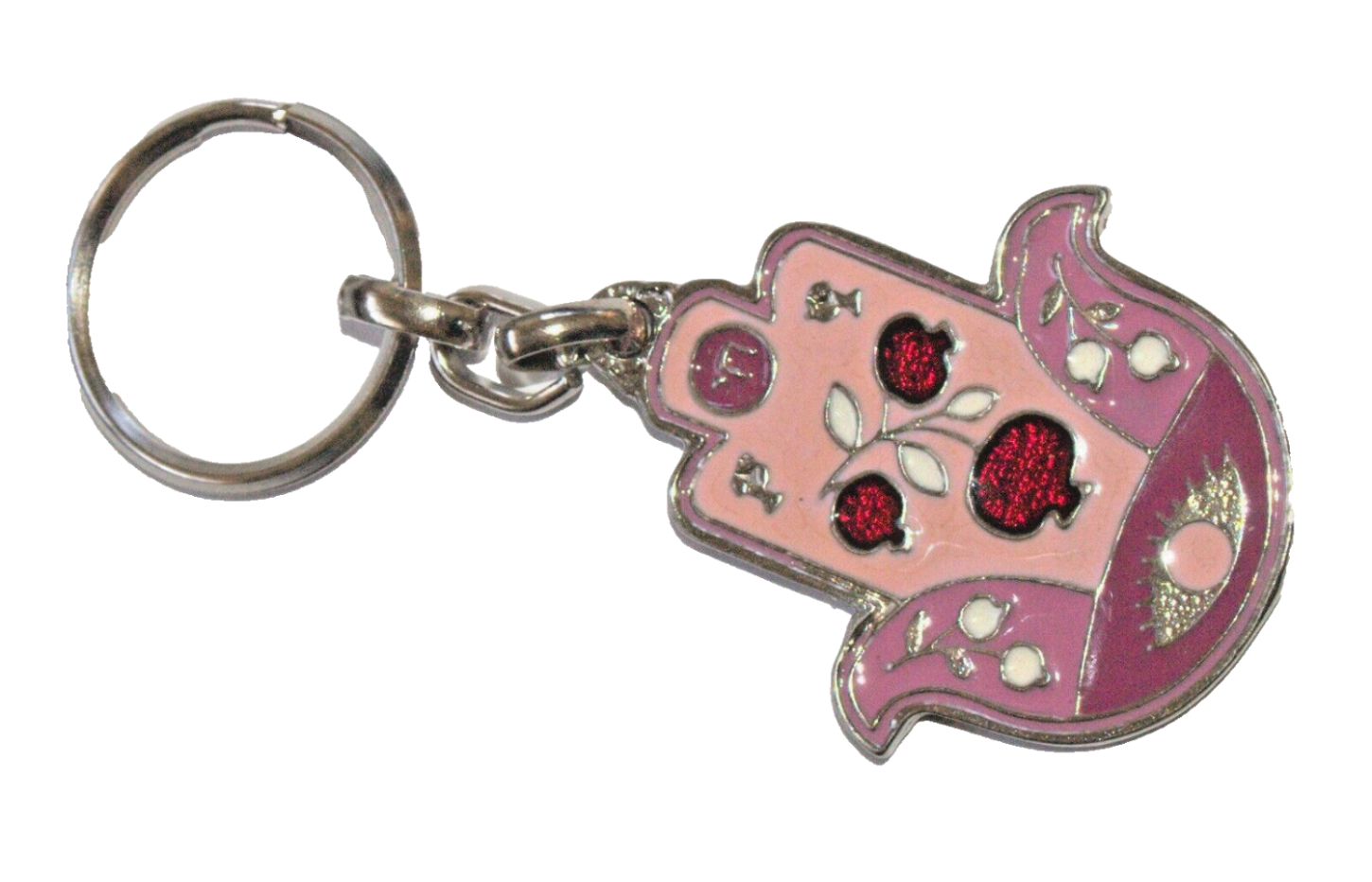 Judaica Hamsa Keyring Keychain Holder Pink Enamel Pomegranate Evil Eye Israel