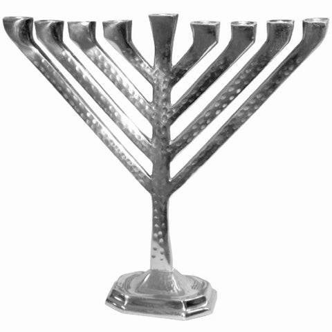 Judaica Hanukkah Menorah Hammered Silver Tone Aluminum Candles Oil Israel 26 cm