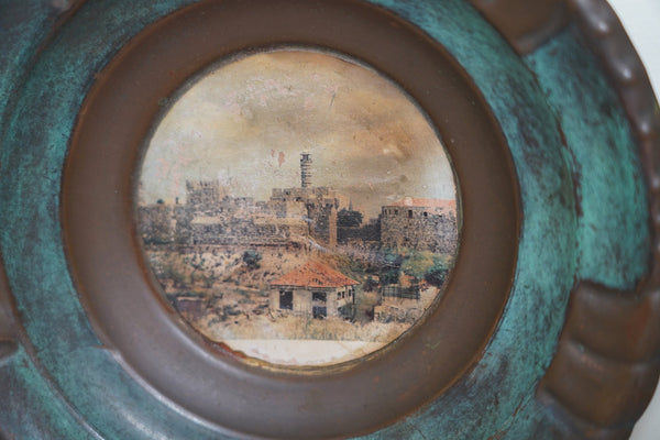 Judaica Israel Vintage Small Copper Plate Tower of David Wall Hang 50's