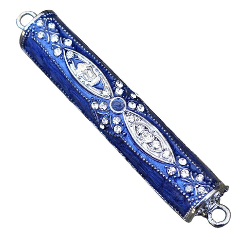 Judaica Mezuzah Case Dark Blue Enamel w Inlaid Crystals Hammered Jeweled 7 cm
