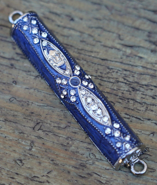 Judaica Mezuzah Case Dark Blue Enamel w Inlaid Crystals Hammered Jeweled 7 cm
