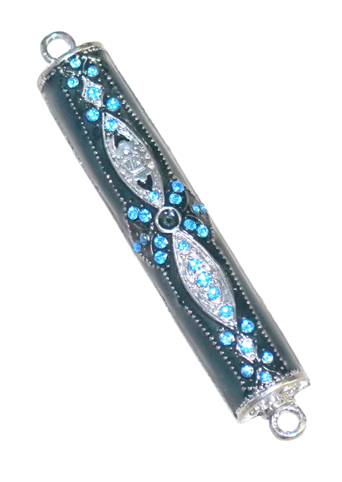 Judaica Mezuzah Case Ethnic Metal Decoration Blue Enamel Aqua Crystals SHIN 7 cm