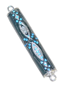 Judaica Mezuzah Case Ethnic Metal Decoration Blue Enamel Aqua Crystals SHIN 7 cm