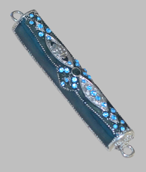 Judaica Mezuzah Case Ethnic Metal Decoration Blue Enamel Aqua Crystals SHIN 7 cm