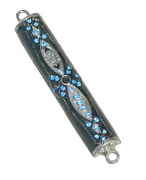 Judaica Mezuzah Case Ethnic Metal Decoration Blue Enamel Aqua Crystals SHIN 7 cm