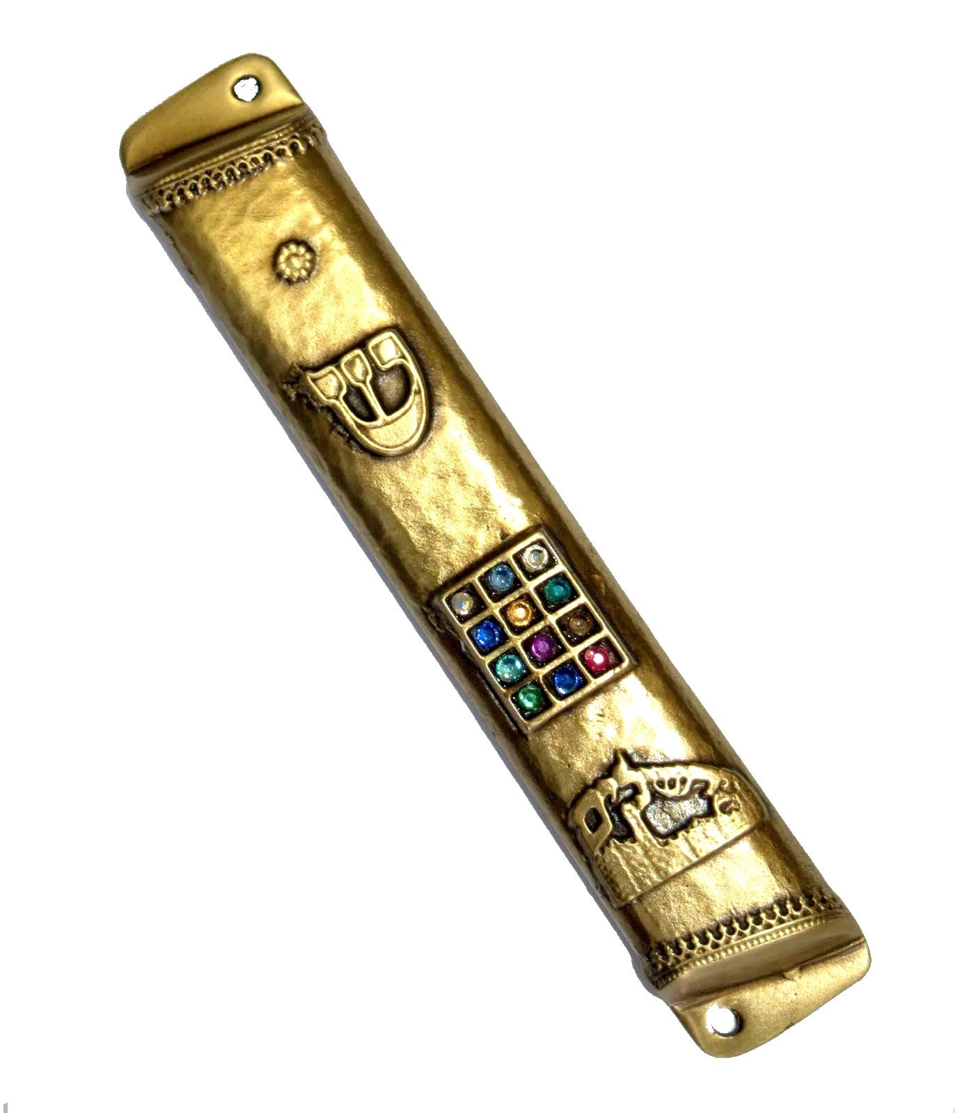 Judaica Mezuzah Case Hammered Bronze Finish Jerusalem Hoshen Crystals SHIN 12 cm
