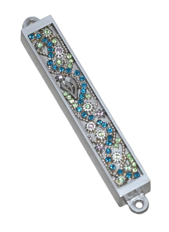 Judaica Mezuzah Case Metal Decorated Aqua Green Sparkling Rhinestones 7 cm             
