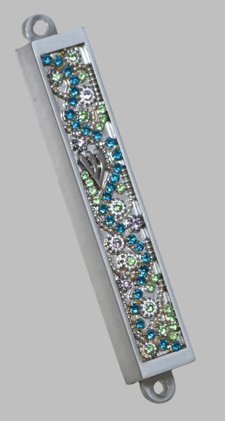 Judaica Mezuzah Case Metal Decorated Aqua Green Sparkling Rhinestones 7 cm             
