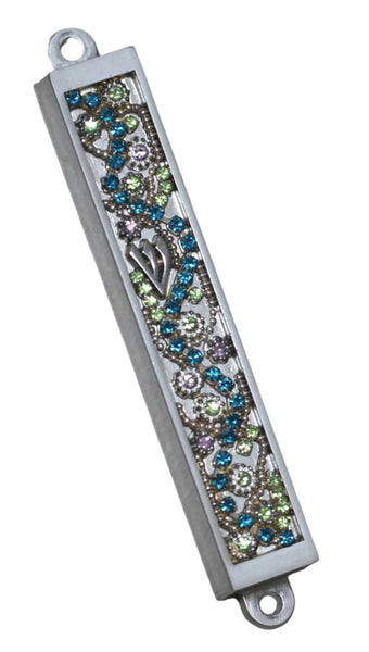 Judaica Mezuzah Case Metal Decorated Aqua Green Sparkling Rhinestones 7 cm             
