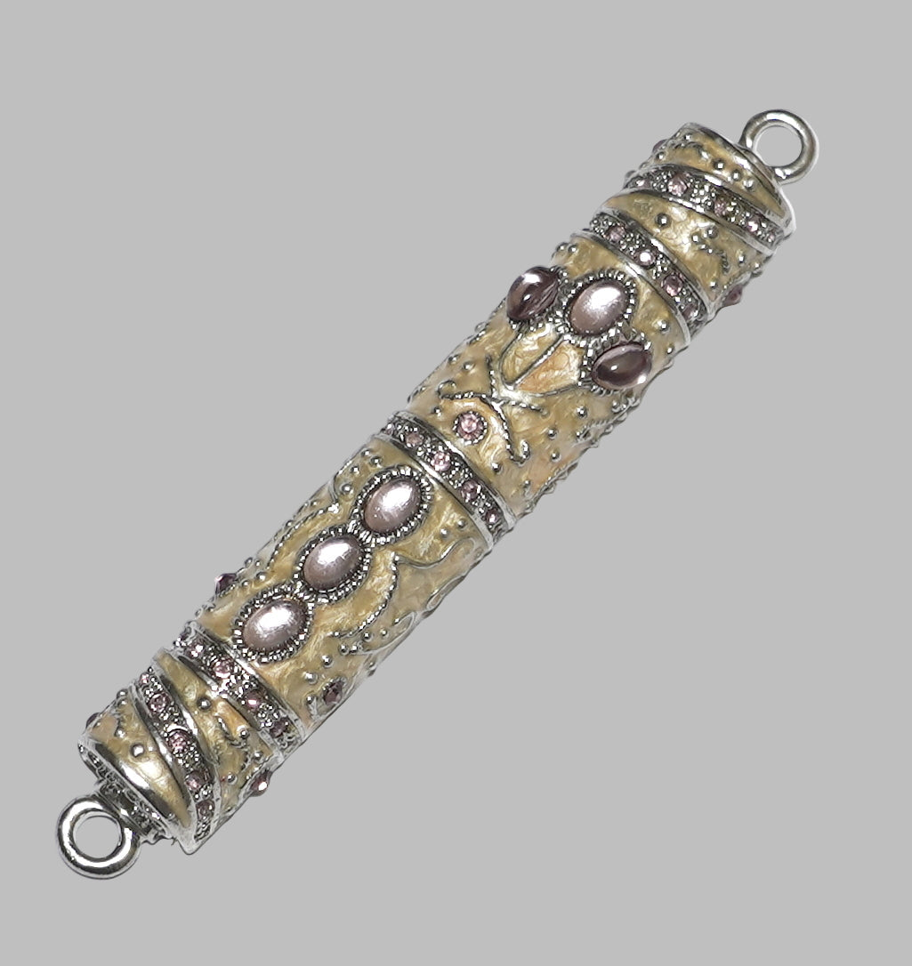 Judaica Mezuzah Case Off White Enamel Pale Purple Crystal Decorated Jeweled 7 cm