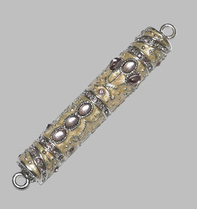 Judaica Mezuzah Case Off White Enamel Pale Purple Crystal Decorated Jeweled 7 cm