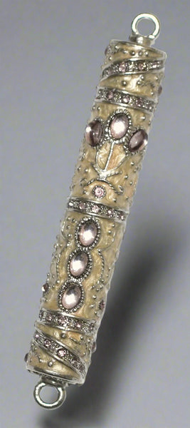 Judaica Mezuzah Case Off White Enamel Pale Purple Crystal Decorated Jeweled 7 cm
