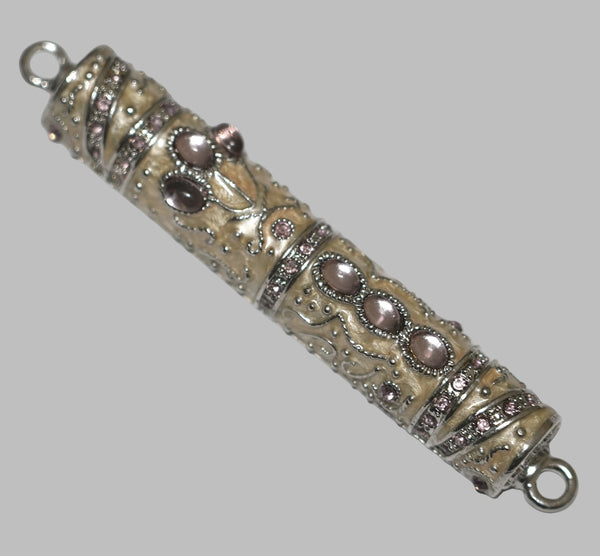 Judaica Mezuzah Case Off White Enamel Pale Purple Crystal Decorated Jeweled 7 cm